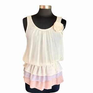 Blue Bird Semisheer Tiered Sleeveless Top Size Medium Embellished Boho Fairy Y2K